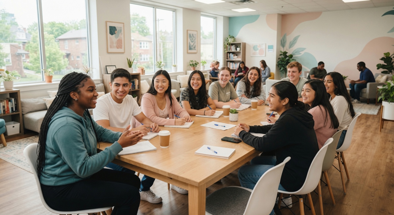 Diverse group of engaged youth sitting together in a bright community room
